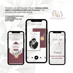 Plantilla Canva invitación de boda digital borgoña con RSVP y mapa